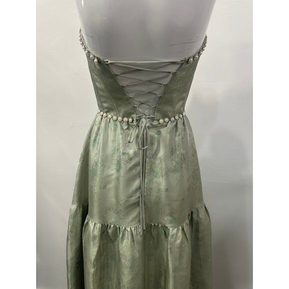 V. Chapman The Vivian Pearl Studded Slit Maxi Dress Sage Windsor Brocade Size 0 - Picture 8 of 9